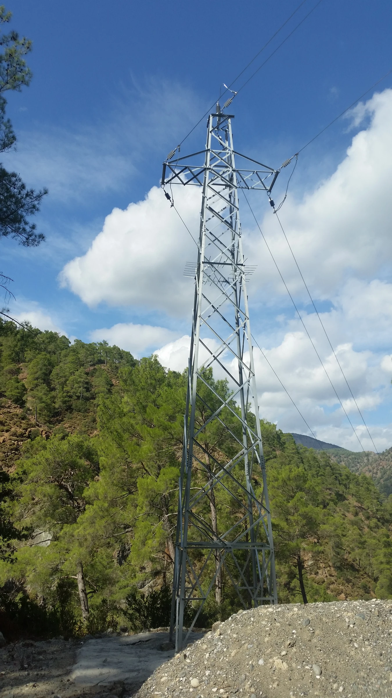Ormanlık yamaçta çelik kafes direk ve enerji iletkenleri.